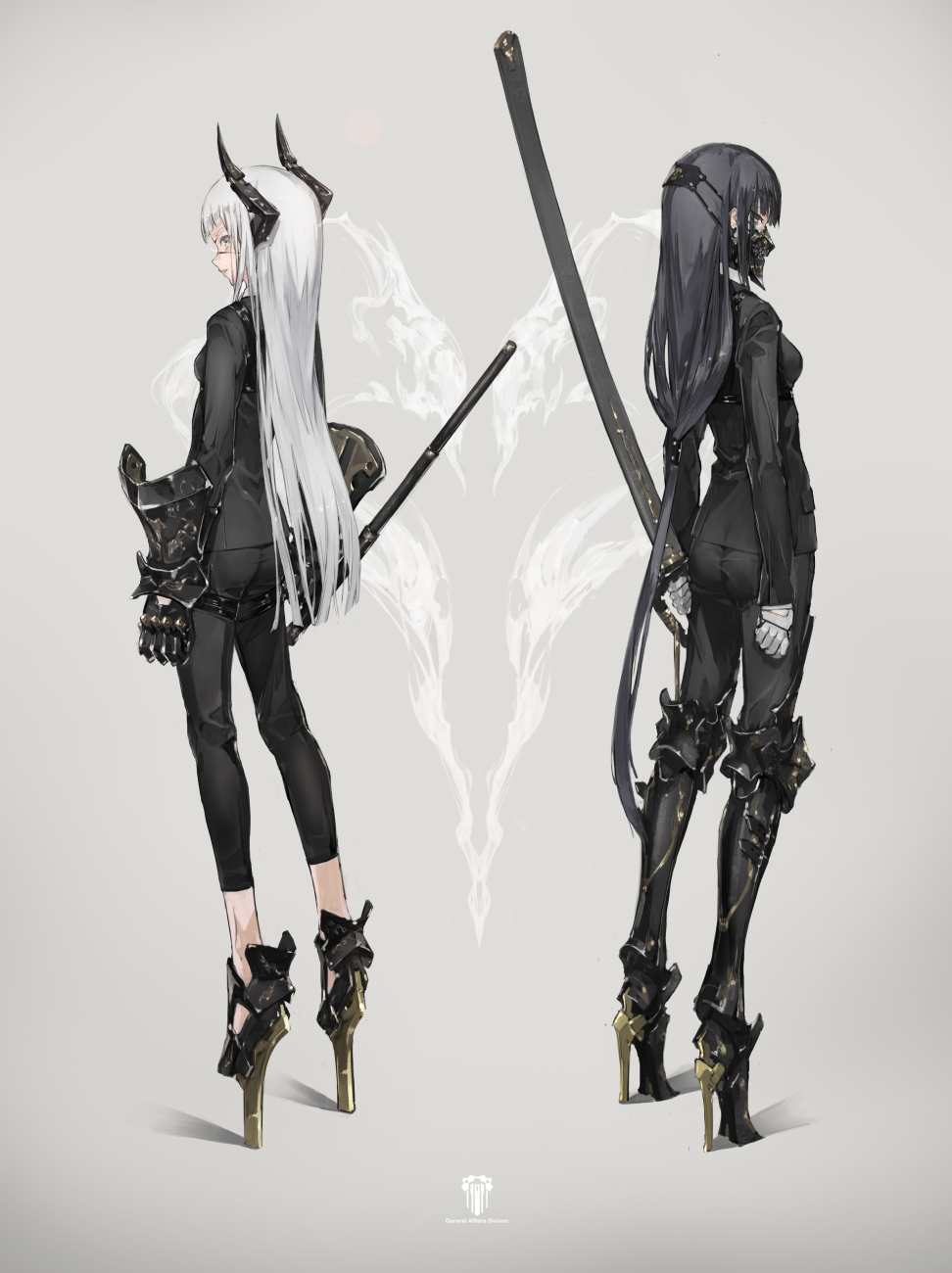2girls armor armored_boots back-to-back bangs black_gloves black_hair blunt_bangs boots breasts capri_pants closed_mouth eyepatch gauntlets gloves grey_background grey_hair high_heel_boots high_heels highres holding holding_weapon katana long_hair long_sleeves looking_at_viewer looking_back mask multiple_girls original pants science_fiction sheath sheathed silver_hair skinny small_breasts sword symmetry very_long_hair weapon yucca-612