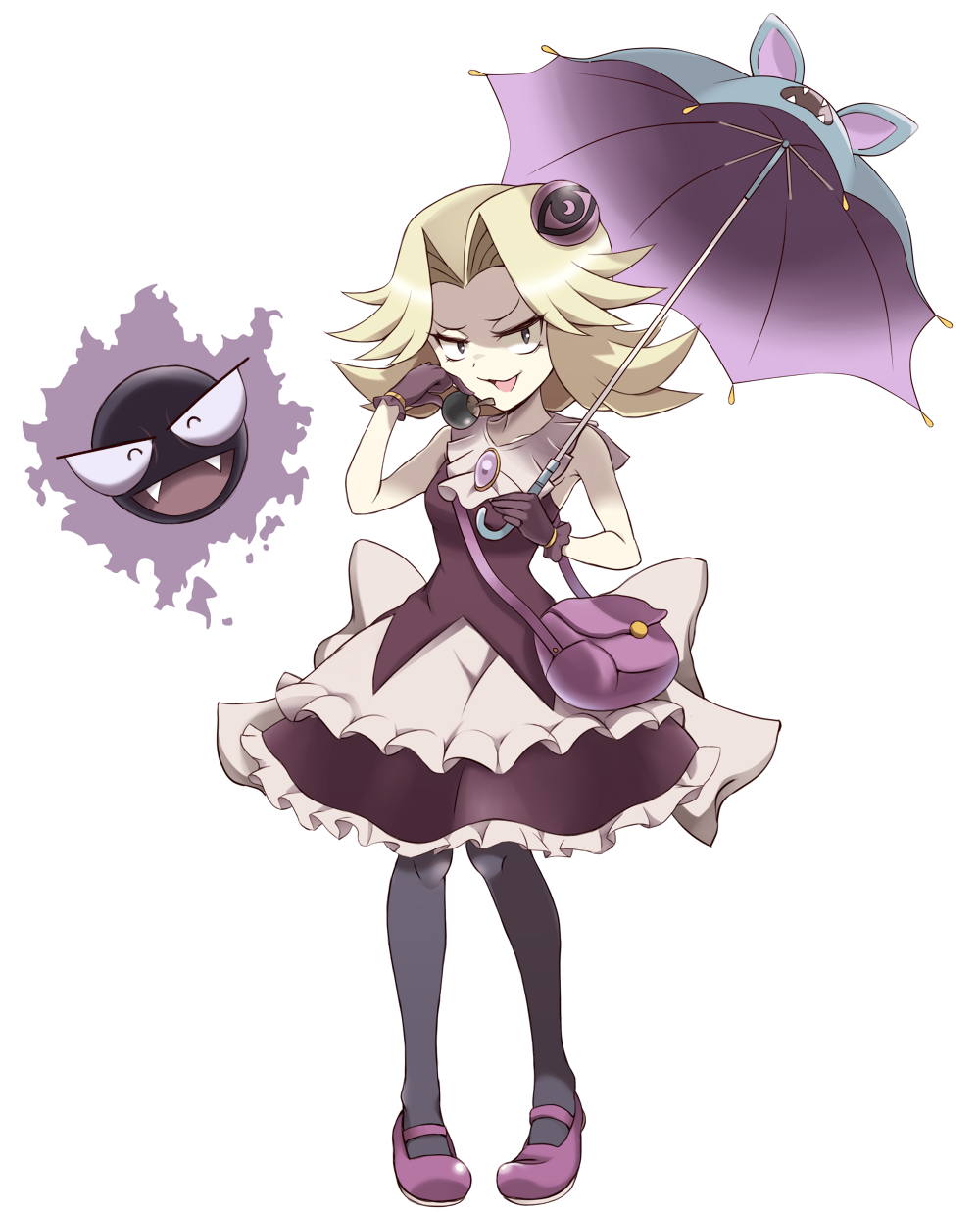 &gt;:d 1girl :d ^_^ armpits bag bare_arms black_eyes black_legwear blonde_hair closed_eyes collarbone commentary_request fangs frills full_body gastly gloves hair_intakes hair_ornament hand_up handbag highres holding holding_umbrella kikuko_(pokemon) looking_at_viewer mary_janes open_mouth pantyhose pokemon pokemon_(game) pokemon_rgby purple_gloves purple_shoes shoes short_hair simple_background sleeveless smile standing umbrella white_background yarumi_(suina) younger