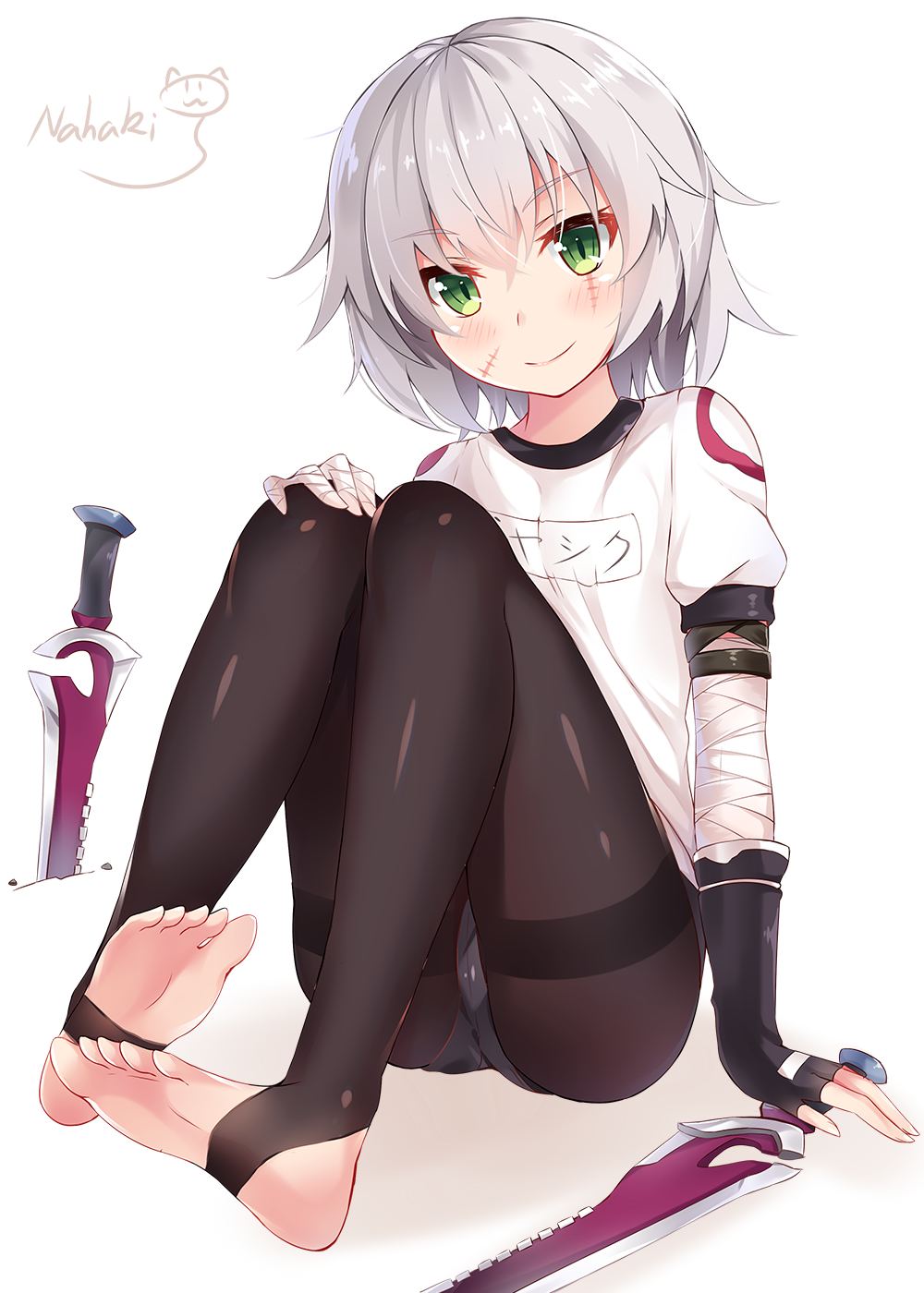1girl :3 artist_name assassin_of_black bandaged_arm bangs black_gloves black_legwear blush buruma cat closed_mouth crossed_bangs dagger dual_wielding eyebrows_visible_through_hair fate/apocrypha fate_(series) feet fingerless_gloves gloves green_eyes gym_uniform highres knees_up looking_at_viewer name_tag no_shoes pantyhose scar scar_across_eye scar_on_cheek short_hair short_sleeves signature silver_hair simple_background sin-poi sitting smile soles solo thighband_pantyhose thighs toeless_legwear toes underwear weapon white_background |_|