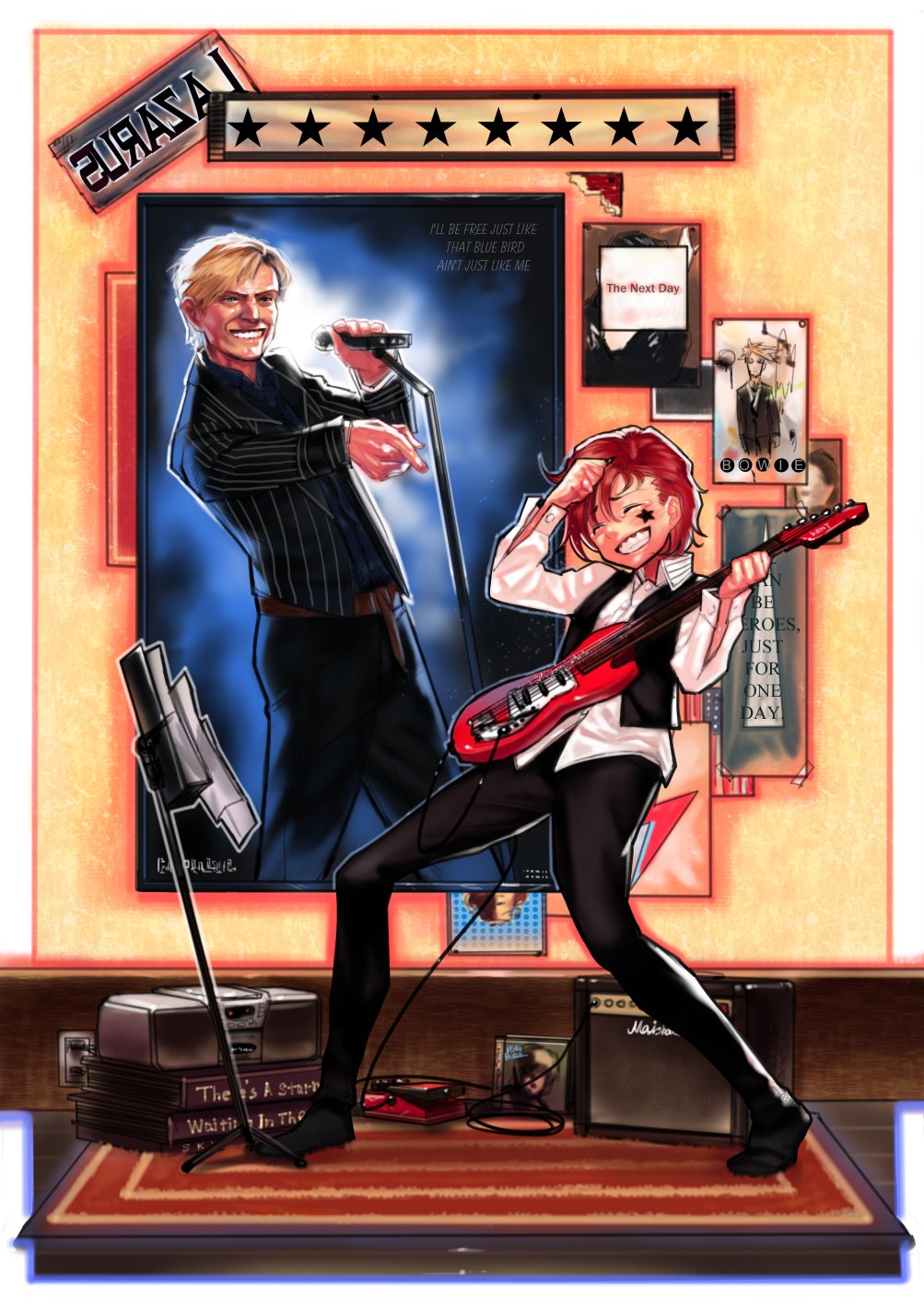 1boy 1girl album_cover amplifier belt black_vest blonde_hair blue_eyes bukimi_isan cable carpet cd_case cover david_bowie dress_shirt effects_pedal english formal grin guitar highres idolmaster idolmaster_million_live! instrument julia_(idolmaster) lyrics music music_stand open_clothes open_collar open_vest playing_instrument pointing poster_(object) redhead shirt short_hair smile socks star stereo teeth vest