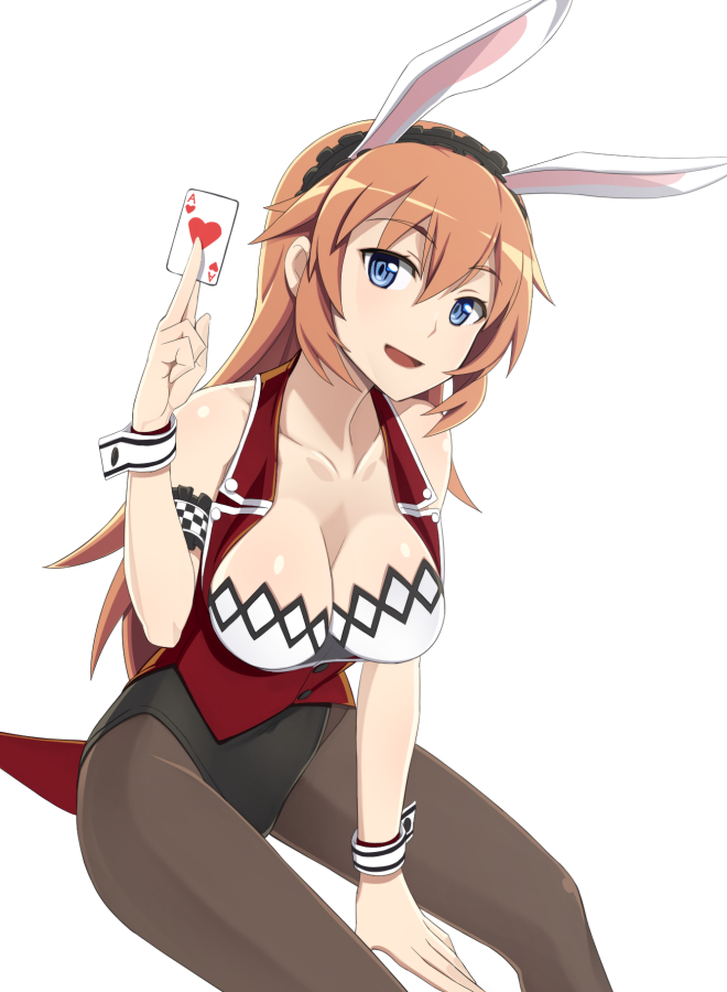 1girl animal_ears armband black_legwear blue_eyes breasts bunnysuit card charlotte_e_yeager cleavage hearts_(playing_card) long_hair looking_at_viewer nanashino orange_hair pantyhose playing_card rabbit_ears simple_background sitting solo strike_witches vest white_background world_witches_series wrist_cuffs