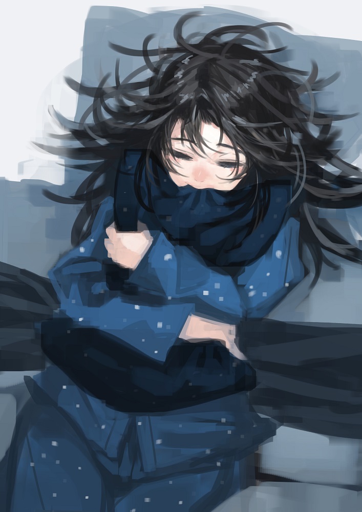 1girl black_hair closed_eyes long_hair lying on_back original pajamas pillow pillow_bite pillow_hug sleeping solo upper_body window1228