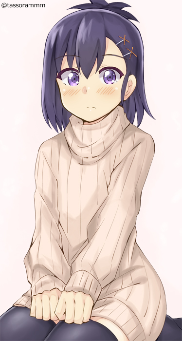 1girl black_hair black_legwear blush closed_mouth eyebrows_visible_through_hair frown gabriel_dropout hair_between_eyes hair_ornament hairclip own_hands_together pantyhose ribbed_sweater seiza sitting solo sweater tasora tsukinose_vignette_april turtleneck twitter_username v_arms violet_eyes x_hair_ornament