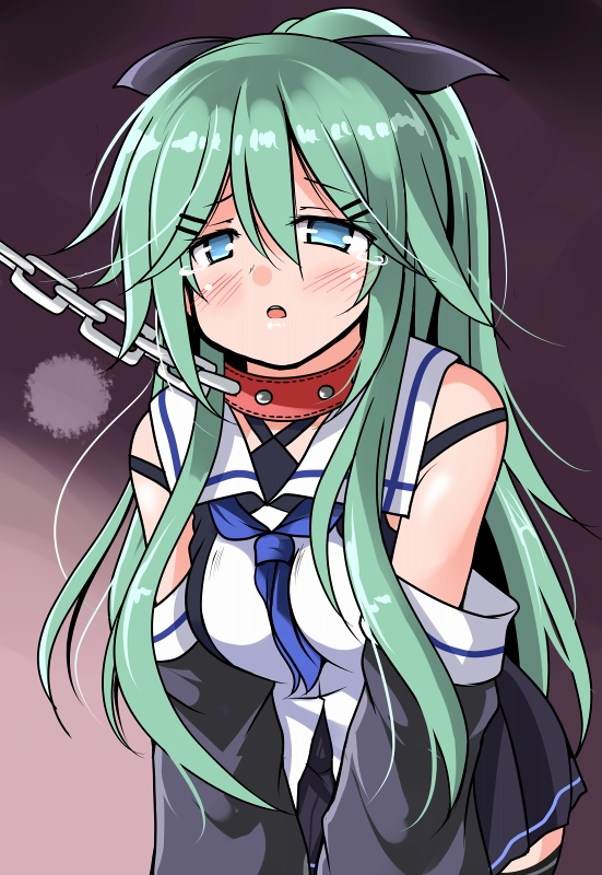 1girl aqua_hair bare_shoulders between_breasts blue_eyes breasts chains collar commentary_request detached_sleeves hair_ribbon hairband kantai_collection medium_breasts neckerchief open_mouth ribbon skirt solo tears tsuzuri_(tuzuri) yamakaze_(kantai_collection)