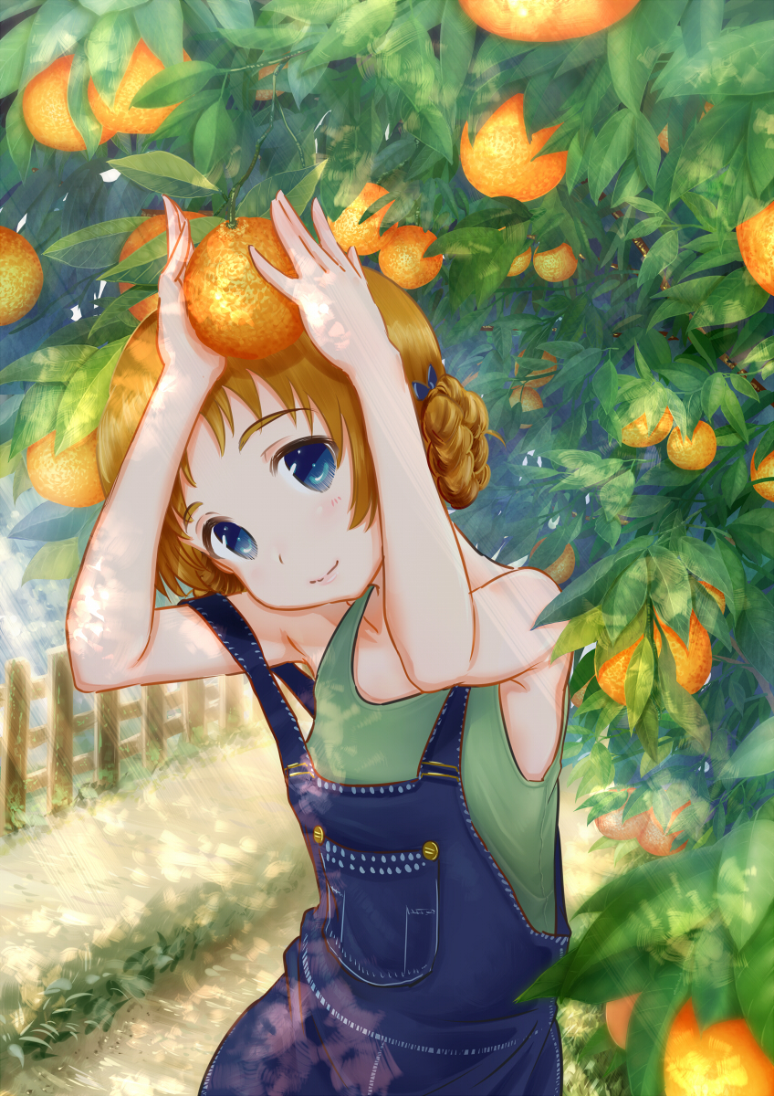 1girl bangs blue_bow blue_eyes bow braid casual closed_mouth day denim dirt_road food fruit girls_und_panzer grabbing green_shirt hair_bow head_tilt highres looking_at_viewer orange orange_hair orange_pekoe outdoors overalls shirt short_hair smile solo standing strap_slip tank_top tied_hair tree twin_braids upper_body yaoyasan