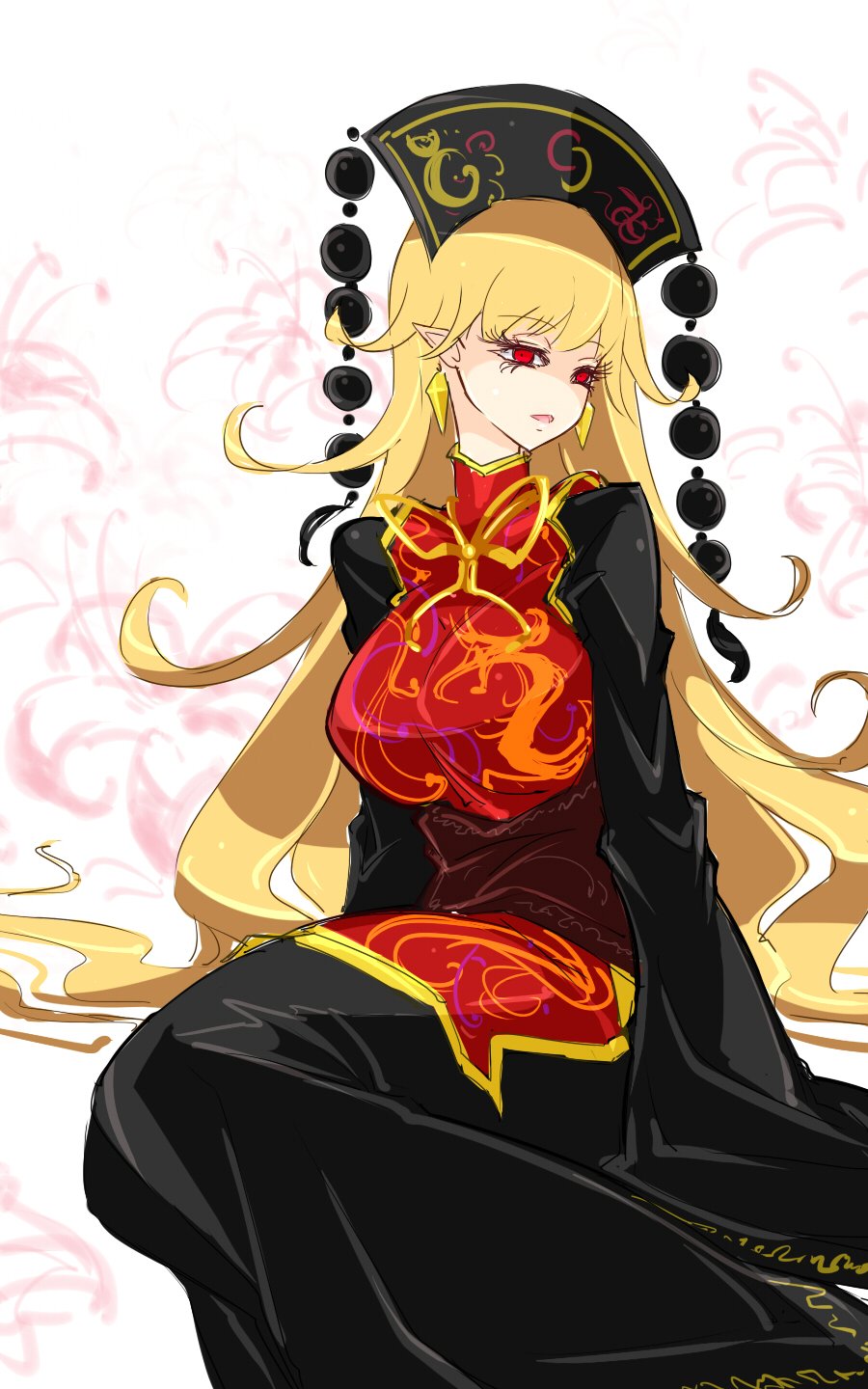bangs black_dress blonde_hair breasts chinese_clothes dress eyelashes floral_background flower hat highres junko_(touhou) large_breasts lily_(flower) long_sleeves looking_at_viewer obi pointy_ears raptor7 red_eyes ribbon sash shiny shiny_clothes shiny_hair side_glance sitting sketch sleeves_past_wrists tabard touhou wide_sleeves