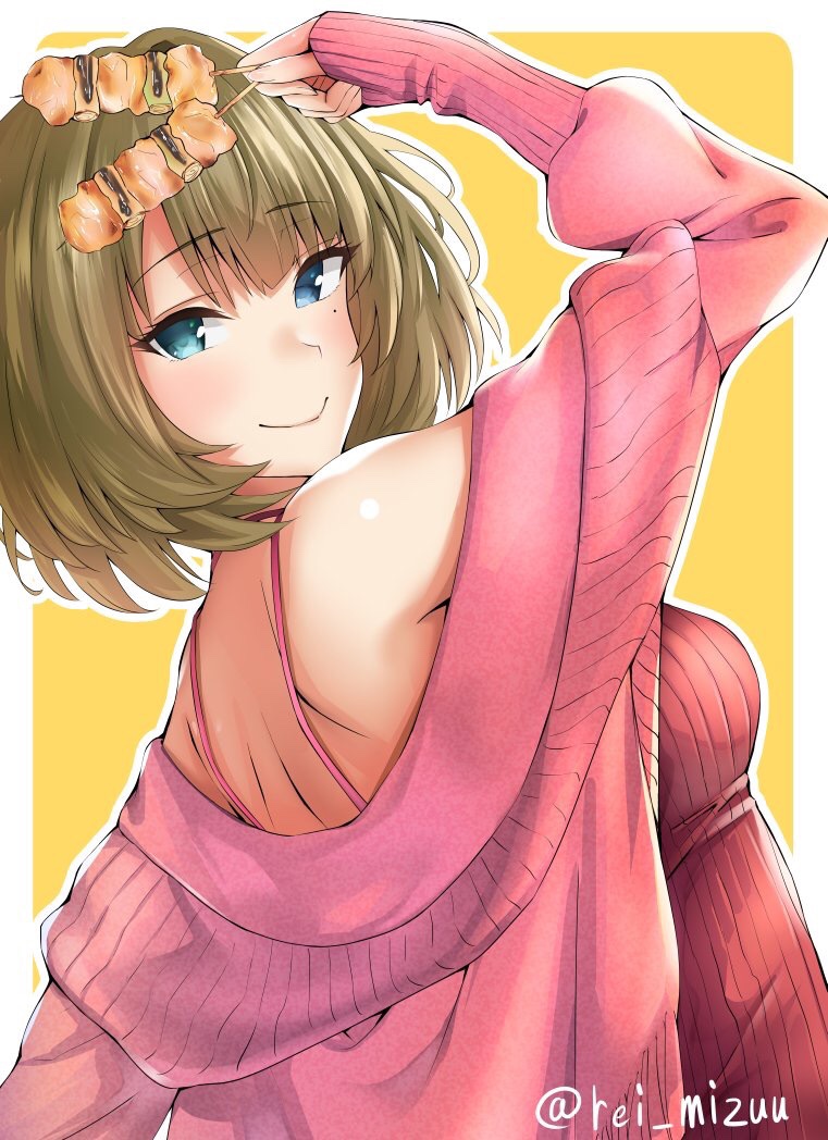 1girl bare_shoulders blue_eyes food green_eyes idolmaster idolmaster_cinderella_girls looking_at_viewer mizuu_rei mole mole_under_eye off_shoulder short_hair smile solo sweater takagaki_kaede yakitori