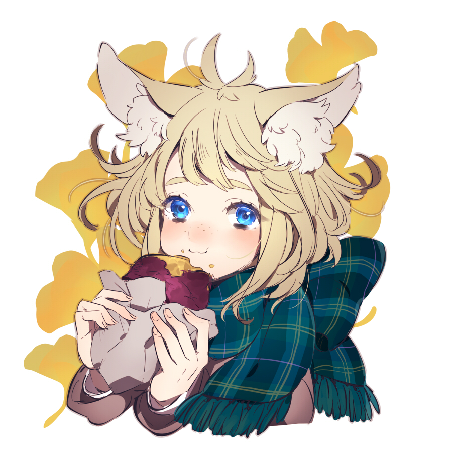 1girl :t ahoge animal_ears bangs blonde_hair blue_eyes blush closed_mouth eating food food_on_face freckles fringe green_scarf holding holding_food looking_at_viewer ni02_(asahi_nini) original plaid plaid_scarf scarf simple_background smile solo sweet_potato upper_body white_background yakiimo