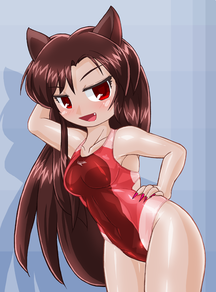 1girl animal_ears brown_hair competition_swimsuit cowboy_shot fang fingernails hand_behind_head hand_on_hip highleg highleg_swimsuit imaizumi_kagerou long_fingernails long_hair looking_at_viewer one-piece_swimsuit open_mouth red_eyes red_swimsuit solo swimsuit touhou winn wolf_ears