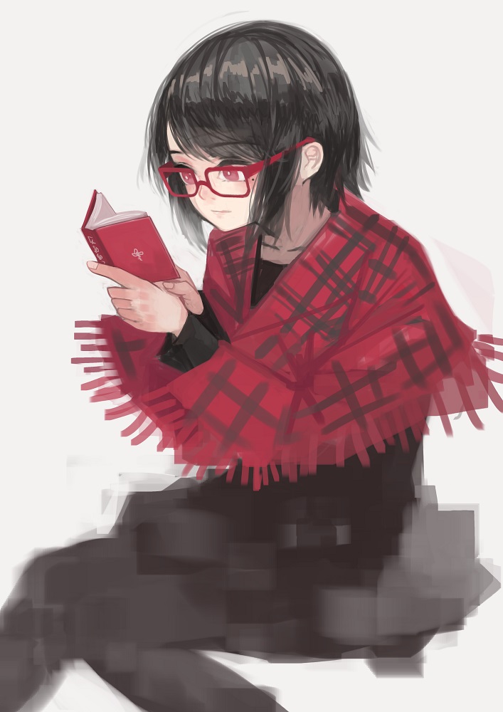 1girl bangs black_hair black_shirt blurry book closed_mouth collarbone eyebrows_visible_through_hair fringe grey_background holding holding_book mole mole_under_eye open_book original pink_eyes reading red-framed_eyewear shawl shirt short_hair sitting solo swept_bangs window1228