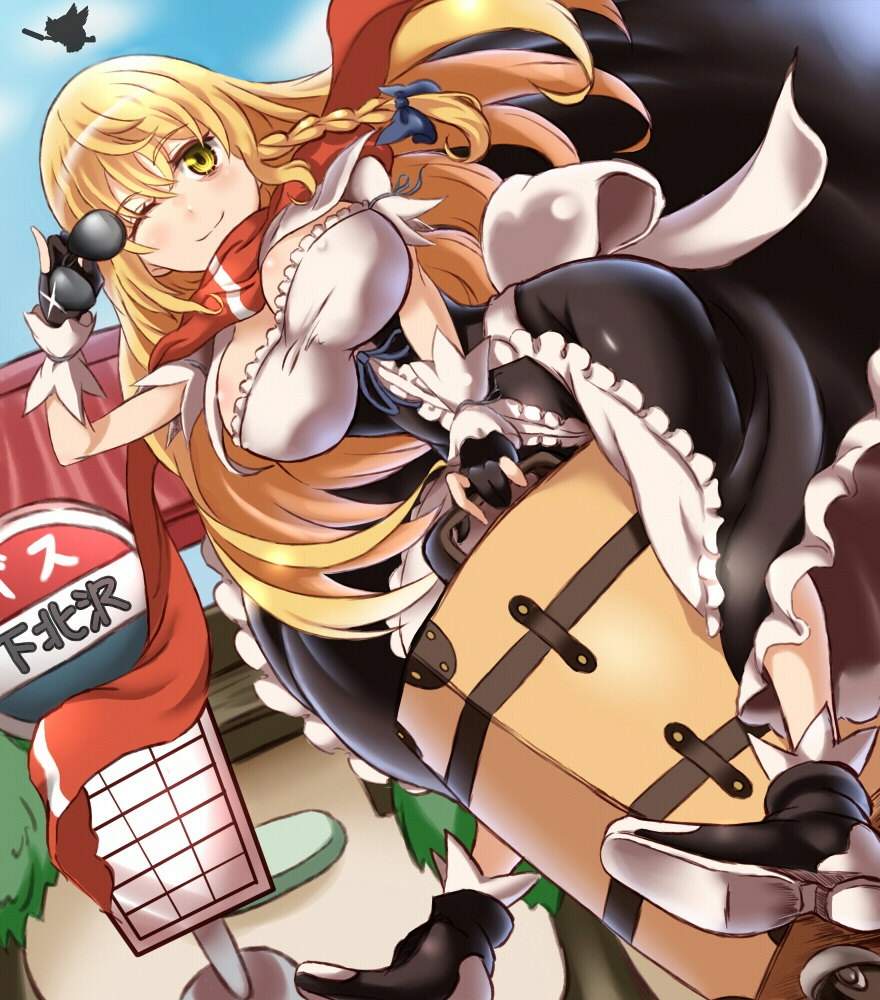 2girls ;) bangs black_gloves black_shoes blonde_hair blue_bow blue_ribbon blush bow braid breasts building bus_stop cleavage closed_mouth commentary_request cookie_(touhou) day eyebrows_visible_through_hair gloves hair_between_eyes hair_bow holding holding_sunglasses kirisame_marisa large_breasts long_hair looking_at_viewer mars_(cookie) multiple_girls one_eye_closed outdoors partly_fingerless_gloves red_scarf reiuji_utsuho ribbon scarf shoes short_sleeves side_braid silhouette single_braid smile sparkle suitcase sunglasses touhou yarumi_(suina)