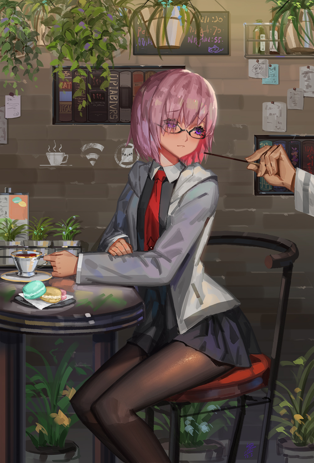 1boy 1girl black-framed_eyewear black_legwear cafe chair cup fate/grand_order fate_(series) food formal fujimaru_ritsuka_(male) glasses grey_jacket hair_over_one_eye highres legs_together light_smile long_sleeves looking_at_another looking_back macaron makeup mascara miniskirt necktie no_symbol note out_of_frame pantyhose pink_hair plant pocky potted_plant purple_skirt saucer shielder_(fate/grand_order) short_hair sitting sk_tori skirt solo_focus table tea teacup violet_eyes