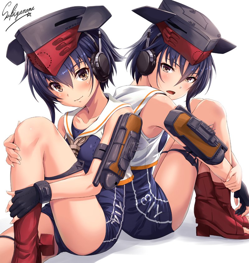 2girls :o ankle_boots armlet artist_name ass asymmetrical_hair back-to-back bangs bare_shoulders black_gloves blue_hair blue_swimsuit blush boots breasts brown_eyes brown_neckerchief cannon character_name closed_mouth clothes_writing collarbone crop_top crossed_ankles eyebrows_visible_through_hair fingernails framed_breasts from_side full_body gloves hair_between_eyes hat head_tilt headset i-13_(kantai_collection) i-14_(kantai_collection) kantai_collection knee_boots knee_up knees_up legs_together looking_at_viewer looking_to_the_side machinery multiple_girls neckerchief no_socks one-piece_swimsuit open_mouth partly_fingerless_gloves red_boots sailor_collar sakiyamama school_swimsuit short_hair side_ponytail signature simple_background single_glove sisters sitting sleeveless small_breasts smile swimsuit thigh_strap thighs toeless_boots toes turret twins white_background