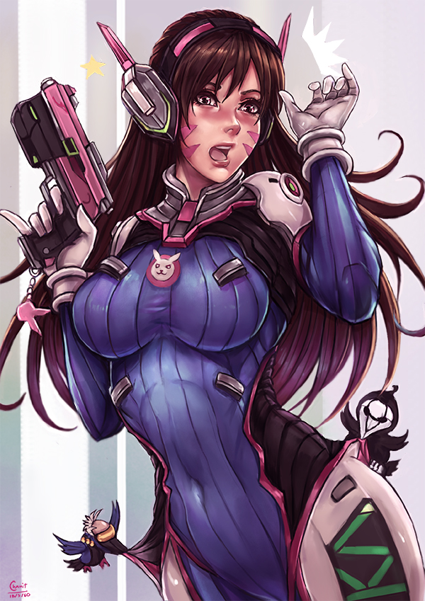 1girl animal_print animalization arm_up artist_name bangs bird blush bodysuit breasts brown_eyes brown_hair bunny_print charm_(object) covered_navel cowboy_shot d.va_(overwatch) facepaint facial_mark finger_on_trigger gloves grey_background gun handgun headphones high_collar holding holding_gun holding_weapon kachima long_hair looking_at_viewer medium_breasts open_mouth overwatch pilot_suit pink_lips pinky_out pistol reaper_(overwatch) ribbed_bodysuit shoulder_pads signature skin_tight soldier:_76_(overwatch) star striped surprised swept_bangs vertical-striped_background vertical_stripes weapon whisker_markings white_background white_gloves