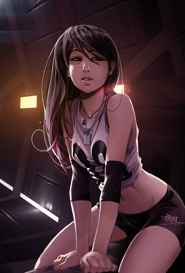 1girl 88_(mike_nesbitt) black_eyes black_hair breasts dog_tags elbow_pads jersey lips long_hair midriff mike_nesbitt navel original short_shorts shorts small_breasts solo straddling