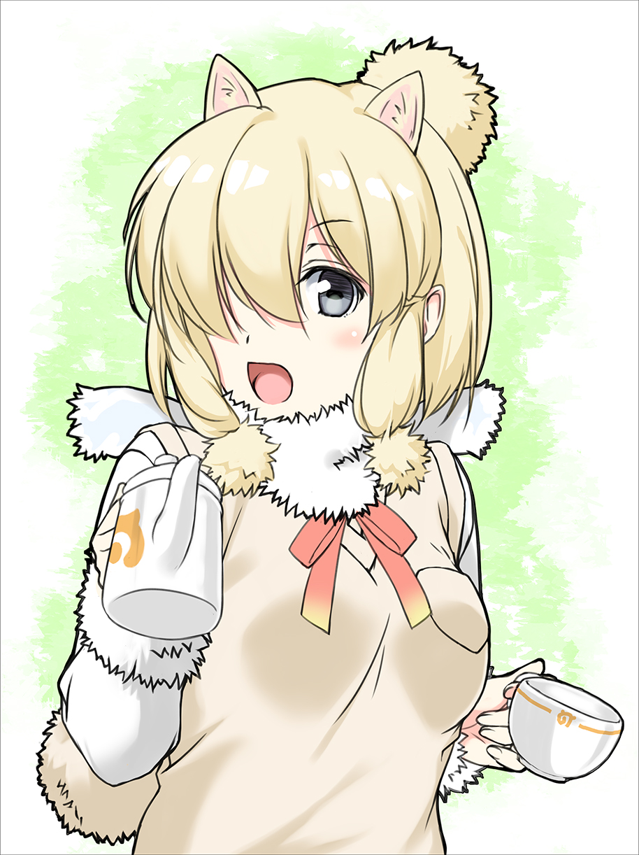 1girl :d alpaca_ears alpaca_suri animal_ears bangs beige_vest blonde_hair blue_eyes blush border breast_pocket breasts cup eyebrows_visible_through_hair fingernails fur-trimmed_sleeves fur_trim gradient_ribbon green_background grey_border hair_bun hair_over_one_eye hair_ribbon hands_up highres holding holding_cup japari_symbol kemono_friends large_breasts long_sleeves looking_at_viewer multicolored multicolored_background multicolored_ribbon nayuta69 neck_ribbon open_mouth pocket red_ribbon ribbon shirt short_hair sidelocks simple_background smile solo swept_bangs tareme teacup teapot tress_ribbon two-tone_background upper_body vest white_background white_shirt yellow_ribbon