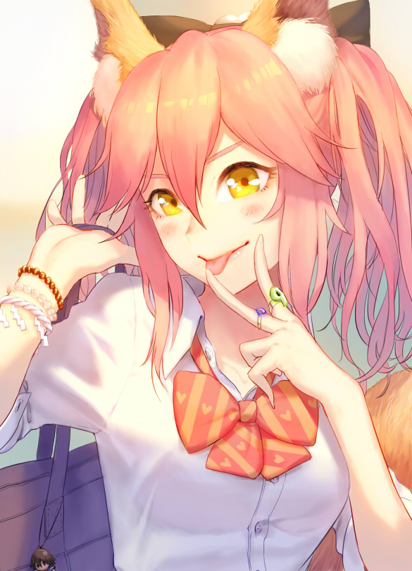 1girl :p animal_ears blush bow bowtie bracelet fate/extella fate/extra fate_(series) fox_ears hair_bow hand_in_hair heart jewelry looking_at_viewer pink_hair ring rope school_uniform shide shimenawa shirt short_sleeves solo tamamo_(fate)_(all) tamamo_jk_(fate) tongue tongue_out torinoko_tamago v white_shirt yellow_eyes