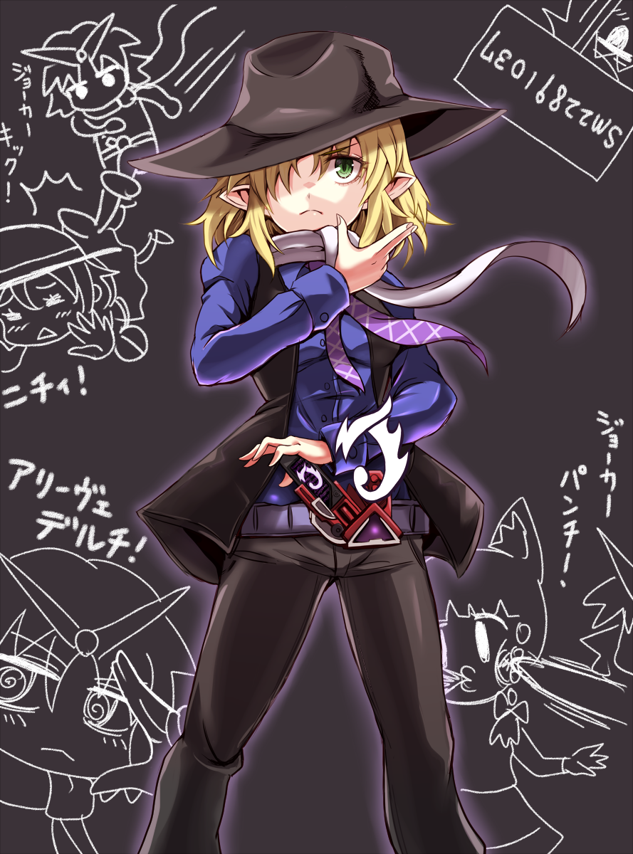 3girls :&lt; @_@ animal_ears arm_up bangs black_background black_hat black_pants blonde_hair blue_shirt blunt_bangs blush bow braid buttons closed_eyes closed_mouth commentary_request cookie_(touhou) cosplay eyebrows_visible_through_hair fedora frown green_eyes hair_between_eyes hair_bow hair_over_one_eye hat hidari_shoutarou hidari_shoutarou_(cosplay) highres kamen_rider kamen_rider_joker kamen_rider_joker_(cosplay) kamen_rider_w kicking komeiji_koishi long_sleeves looking_at_viewer mizuhashi_parsee multiple_girls o3o one_eye_covered open_mouth pants pointy_ears punching scarf shirt side_braid sidelocks single_braid sleeveless solid_oval_eyes spitting standing third_eye touhou translation_request triangle_mouth waistcoat white_scarf yarumi_(suina)