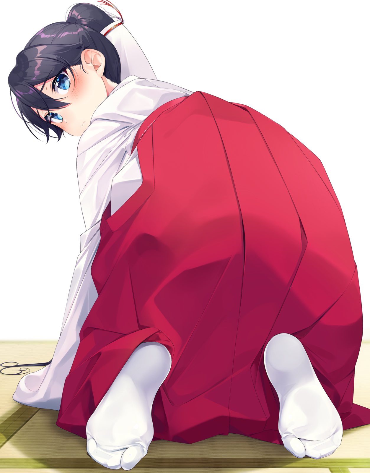 1girl 3: all_fours alternate_costume bangs black_hair blue_eyes blush closed_mouth eyebrows_visible_through_hair feet from_behind hair_between_eyes hakama highres houshou_(kantai_collection) japanese_clothes kantai_collection long_skirt long_sleeves looking_at_viewer looking_back miko nezumi_doshi no_shoes pleated_skirt ponytail red_skirt simple_background skirt soles solo tabi tatami toes white_background white_legwear