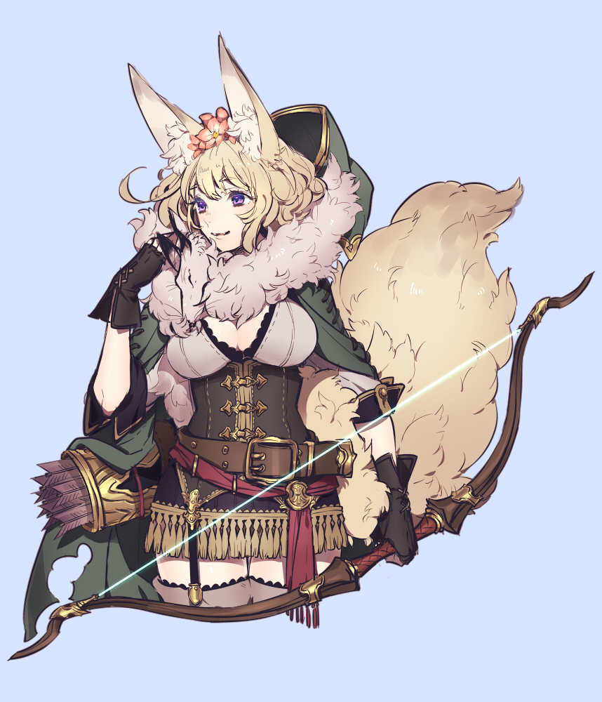 1girl animal_ears bangs belt black_gloves blonde_hair blue_background bow breasts brown_legwear cleavage cloak cropped_legs eyebrows_visible_through_hair fangs fantasy fingerless_gloves fur_collar gloves hair_between_eyes holding holding_bow_(weapon) holding_weapon hood hood_down hooded_cloak lace lace-trimmed_thighhighs large_breasts looking_to_the_side ni02_(asahi_nini) original parted_lips quiver short_hair simple_background solo tail thigh-highs violet_eyes wavy_hair weapon