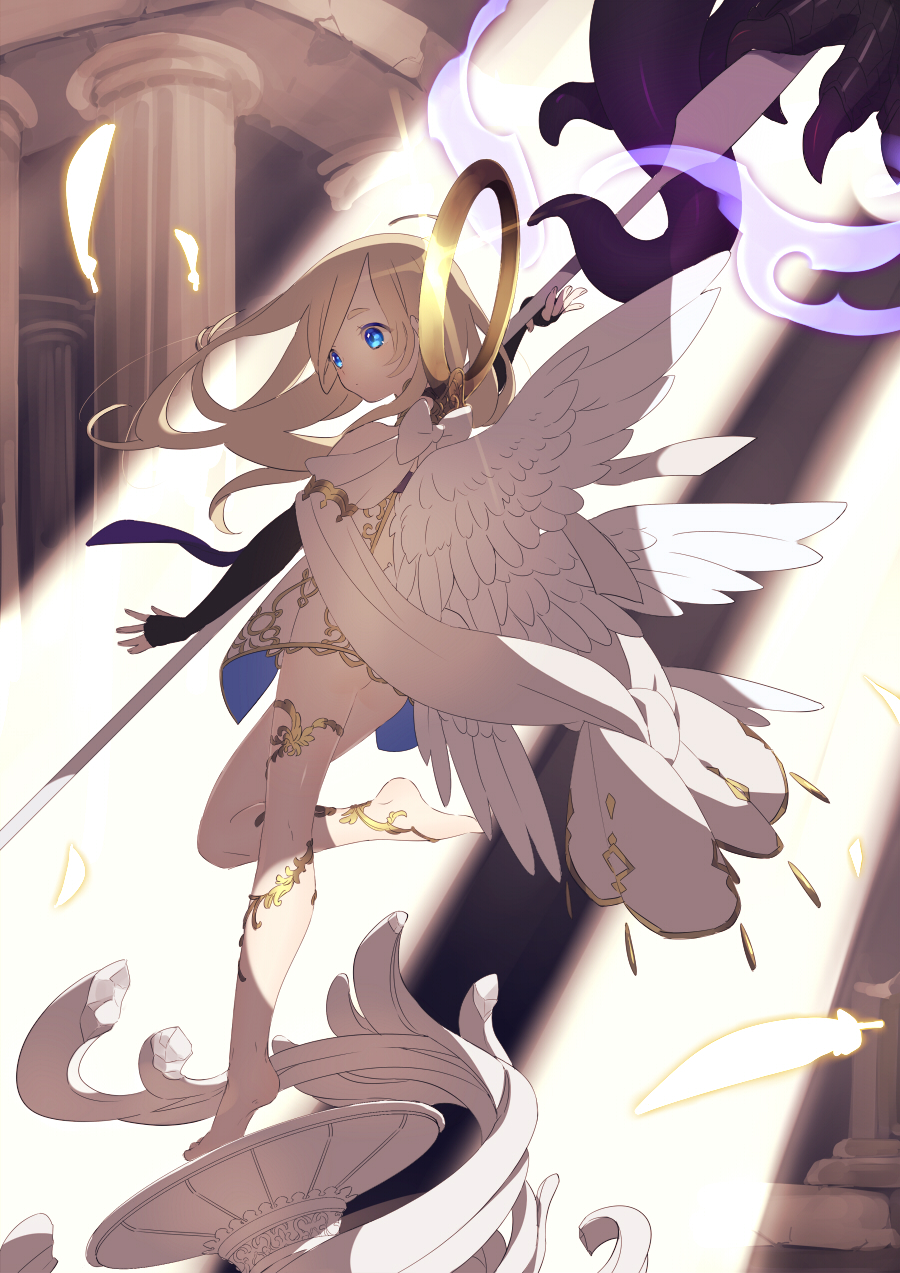 1girl angel black_gloves blonde_hair blue_eyes closed_mouth elbow_gloves fantasy feathered_wings feathers fingerless_gloves floating_hair from_side gloves halo hand_up highres holding holding_staff leg_up light_rays long_hair looking_to_the_side ni02_(asahi_nini) original pillar robe solo staff sunbeam sunlight thighs white_wings wings