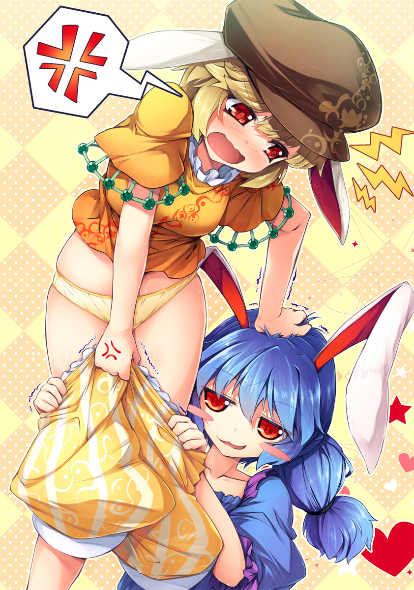 2girls :3 anger_vein animal_ears argyle argyle_background assisted_exposure bangs blonde_hair blue_dress blue_hair blush blush_stickers breasts brown_hat chima_q collarbone cowboy_shot dress embarrassed eyebrows_visible_through_hair female_pervert flat_cap floppy_ears hand_on_another's_head hat head_grab heart highres long_hair looking_at_another looking_at_viewer low_twintails medium_breasts multiple_girls open_mouth orange_shirt panties pants pants_pull pervert polka_dot puffy_sleeves pulled_by_another rabbit_ears red_eyes ringo_(touhou) seiran_(touhou) shirt short_hair short_sleeves shorts smirk speech_bubble spoken_anger_vein star touhou trembling twintails two-tone_background underwear undressing upper_body wavy_mouth yellow_panties yellow_pants yuri