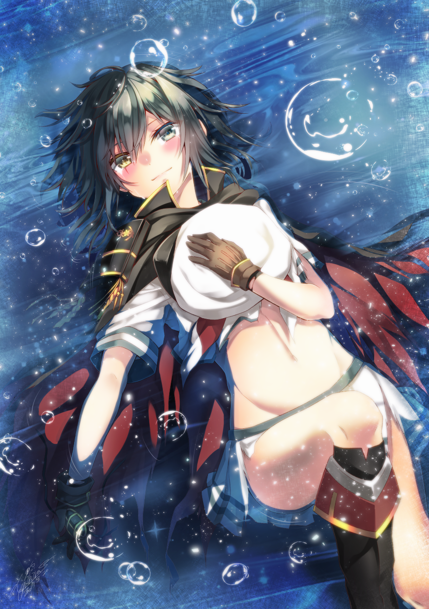 1girl afloat black_boots black_eyes black_hair blush boots brown_gloves bubble cape closed_mouth crying crying_with_eyes_open eyepatch eyepatch_removed from_above gloves groin hair_between_eyes hat hat_removed head_tilt headwear_removed heterochromia highres holding kantai_collection kiso_(kantai_collection) knee_boots light_smile looking_at_viewer lying navel on_back shirt short_sleeves skirt solo sparkle tears torn_cape torn_clothes torn_shirt torn_skirt water white_hat white_skirt yellow_eyes yuihira_asu