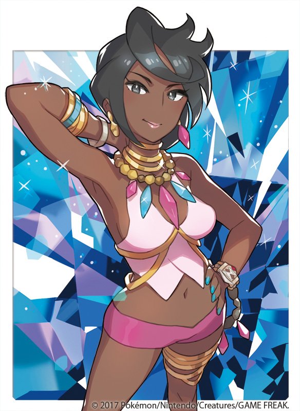 1girl 2017 arm_up armpits bangle bare_legs bare_shoulders bead_necklace beads black_eyes black_hair blue_nails bracelet breasts collarbone crop_top cropped_legs dark_skin diamond earrings elite_four island_kahuna jewelry lipstick looking_at_viewer lychee_(pokemon) makeup midriff nail nail_polish navel necklace nintendo pink_lips pokemon pokemon_(game) pokemon_sm purple_shorts saitou_naoki short_hair short_shorts shorts sideboob simple_background smile solo sparkle standing text thighlet trading_card watermark white_background z-ring