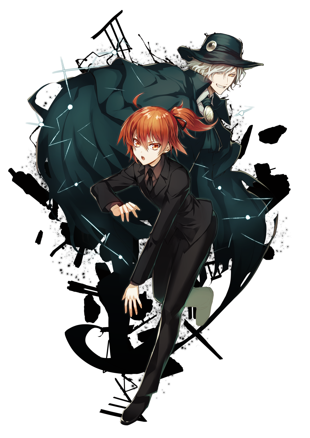 1boy 1girl edmond_dantes_(fate/grand_order) electricity fate/grand_order fate_(series) fedora formal fujikiti fujimaru_ritsuka_(female) full_body hat highres looking_at_viewer orange_eyes orange_hair short_hair side_ponytail simple_background smile suit white_background white_hair yellow_eyes