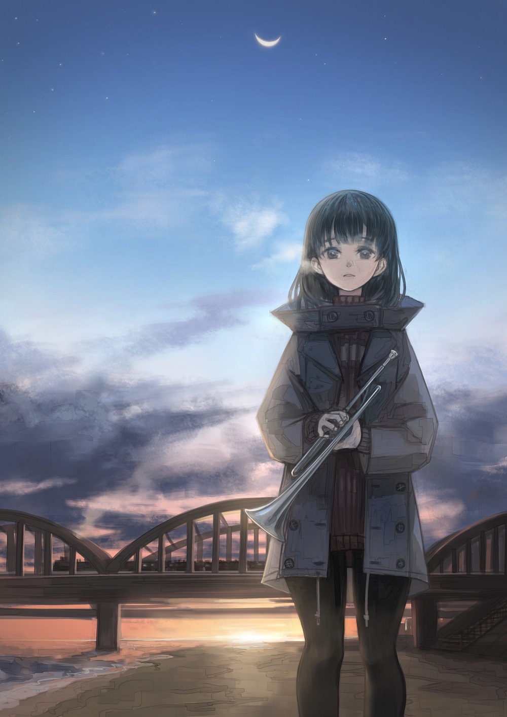1girl bangs black_hair black_legwear breath bridge brown_eyes coat crescent_moon dress evening eyebrows_visible_through_hair highres holding_instrument instrument looking_at_viewer moon open_clothes open_coat original outdoors pantyhose parted_lips ribbed_sweater riverbank solo standing sunset sweater sweater_dress trumpet turtleneck turtleneck_sweater window1228