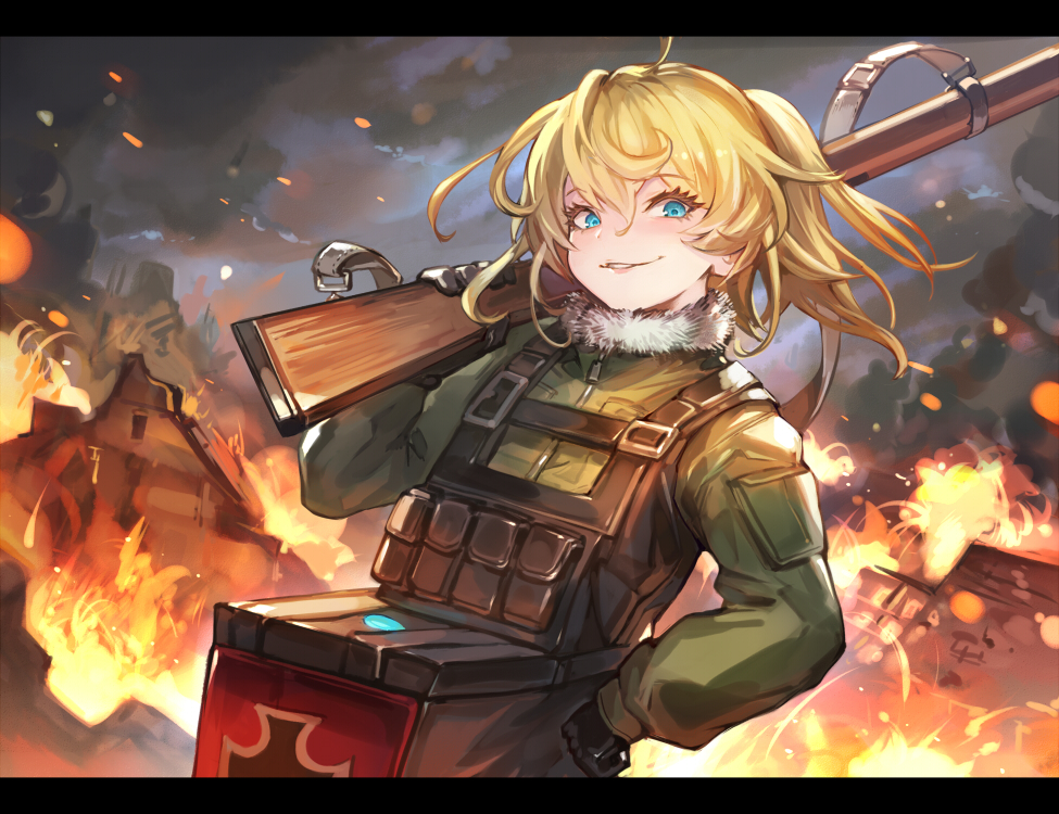 1girl aqua_eyes arm_at_side belt black_gloves blonde_hair building fire fur_collar gloves gun hair_between_eyes house iron_cross long_sleeves looking_at_viewer military military_uniform outdoors pepeto_(cocoyuzumugi) pocket ponytail rifle ruins smirk solo tanya_degurechaff uniform weapon youjo_senki