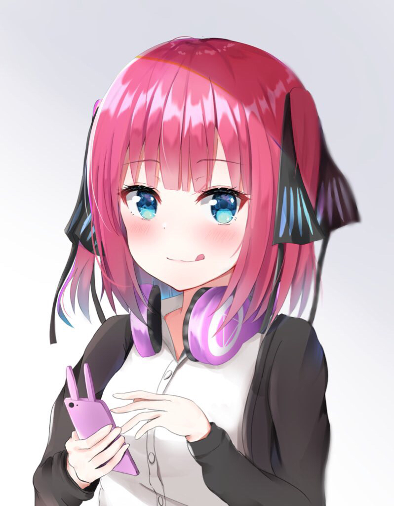 1girl bangs black_cardigan black_ribbon blue_eyes blunt_bangs blush breasts butterfly_hair_ornament cardigan cellphone go-toubun_no_hanayome hair_ornament headphones headphones_around_neck holding holding_phone looking_at_viewer nakano_nino open_cardigan open_clothes phone pink_hair ribbon shirt simple_background smartphone smile tongue tongue_out twintails umineco_1 uniform white_shirt