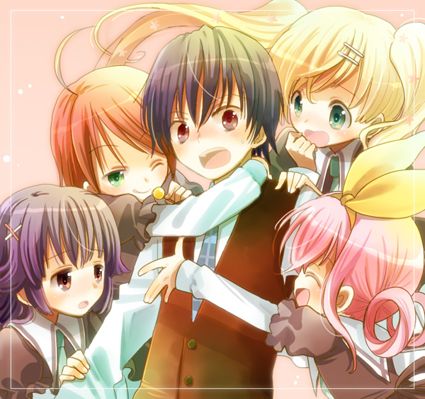 1boy 4girls :d :o ;q ^_^ ahoge aqua_necktie blonde_hair blue_hair blue_necktie blush border brown_vest buttons candy clenched_hand closed_eyes collar collared_shirt cordelia_glauca d: dress eyebrows_visible_through_hair facing_another food green_eyes hair_ornament hair_ribbon hair_rings hairband hairclip hand_on_another's_arm hand_on_another's_shoulder hercule_barton holding holding_food hug jitome katagiri_atsuko kobayashi_opera lollipop long_hair long_sleeves looking_at_another looking_at_viewer multiple_girls necktie one_eye_closed open_mouth orange_hair outside_border pink_background pink_hair plaid plaid_necktie profile puffy_short_sleeves puffy_sleeves purple_hair ribbon school_uniform sherlock_shellingford shiny shiny_hair shirt short_hair short_over_long_sleeves short_sleeves smile surprised sweat tantei_opera_milky_holmes tareme teeth tongue tongue_out tsurime twintails upper_body very_long_hair vest violet_eyes white_border white_shirt x_hair_ornament yellow_hairband yellow_ribbon yuzurizaki_nero |d