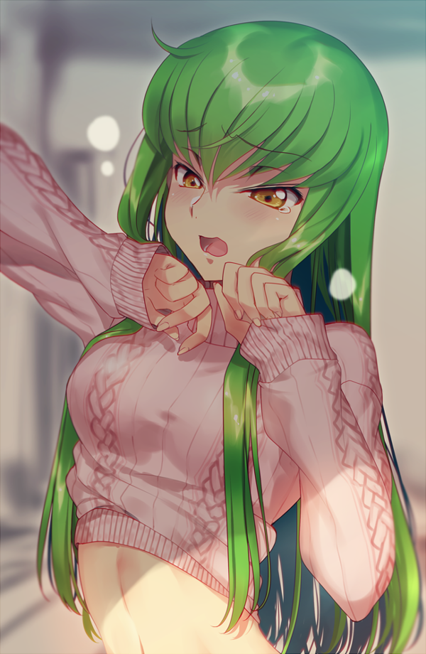 1girl aran_sweater blush breasts brown_eyes c.c. clothes_lift code_geass creayus green_hair long_hair medium_breasts midriff open_mouth sidelocks sleeves_past_wrists solo sweater sweater_lift tearing_up tears turtleneck