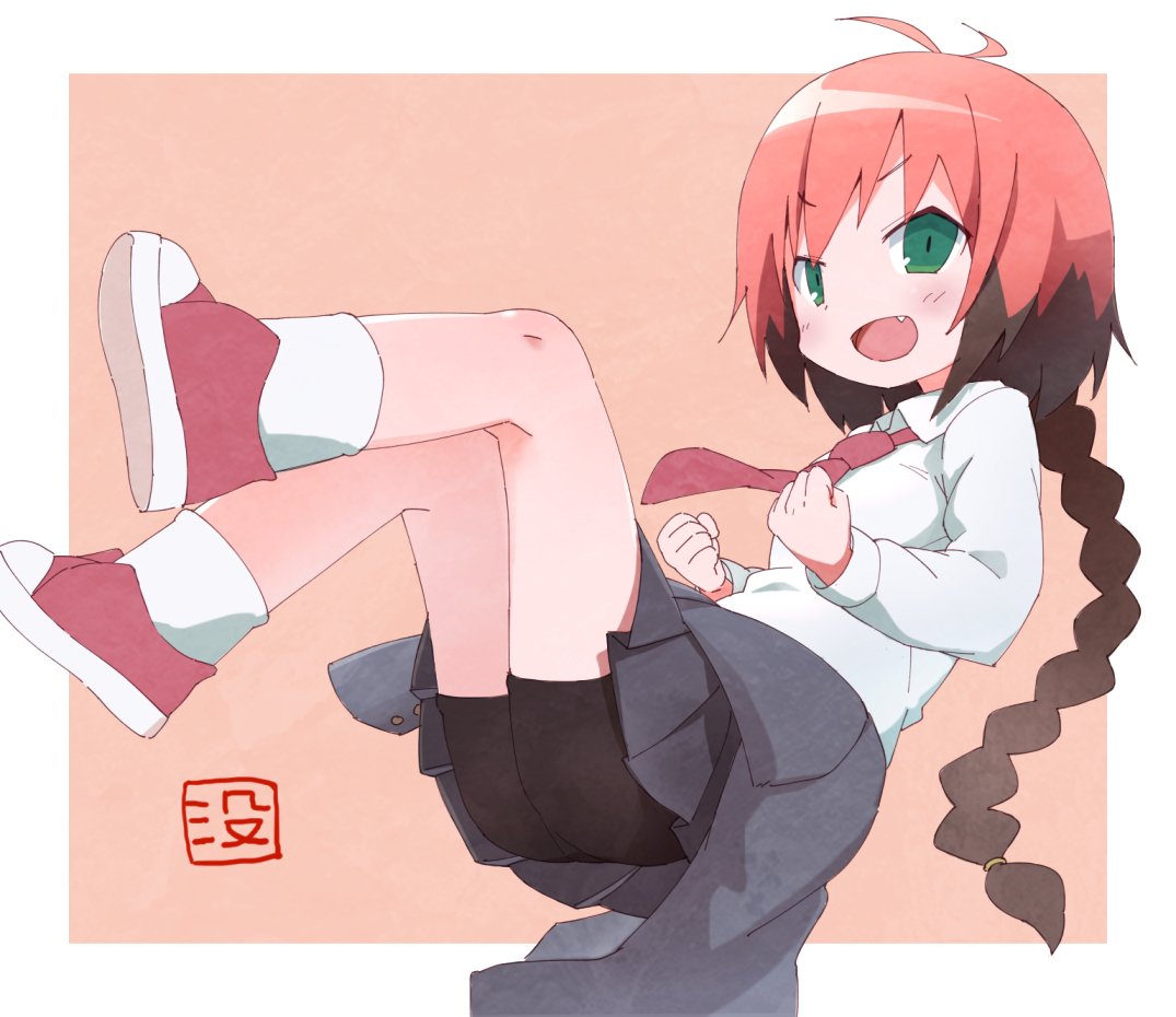 1girl black_shorts blush brown_hair clenched_hands fang green_eyes grey_skirt kill_me_baby kneehighs looking_at_viewer medium_hair multicolored_hair necktie okayparium open_mouth red_necktie redhead school_uniform shoes shorts skirt smile sneakers solo translation_request unused_character
