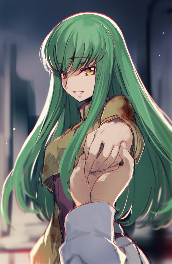 1girl bangs c.c. code_geass creayus foreshortening green_hair long_hair long_sleeves looking_at_viewer parted_lips pov reaching_out sidelocks smile solo upper_body yellow_eyes