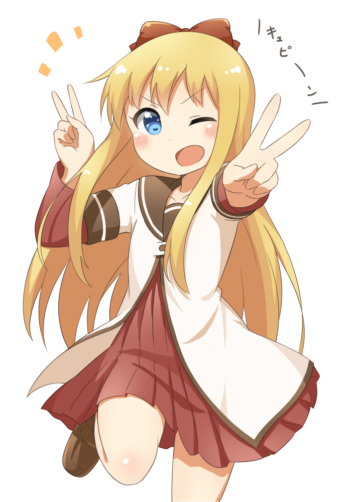 &gt;:d &gt;;d 1girl :d ;d blonde_hair blue_eyes bow collarbone dokka_no_kuni_no_kokuou double_v hair_bow leg_up long_hair one_eye_closed open_mouth shoes simple_background smile solo toshinou_kyouko translation_request v white_background yuru_yuri