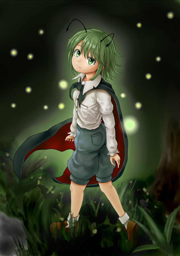 1girl antennae arms_at_sides aura breasts cape dress_shirt fireflies full_body fuwatoro_(enemy-of-society) grass green_eyes green_hair head_tilt juliet_sleeves knickers loafers long_sleeves looking_at_viewer looking_up night outdoors puffy_sleeves rock shirt shoes short_hair small_breasts smile socks solo touhou tree walking white_legwear wriggle_nightbug