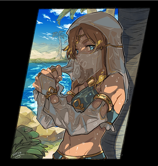 1boy against_tree blonde_hair blue_eyes crossdressinging detached_sleeves gerudo_link kinako_(462) lake link looking_at_viewer midriff navel palm_tree see-through shade solo the_legend_of_zelda the_legend_of_zelda:_breath_of_the_wild trap tree veil water wet wet_clothes wet_hair