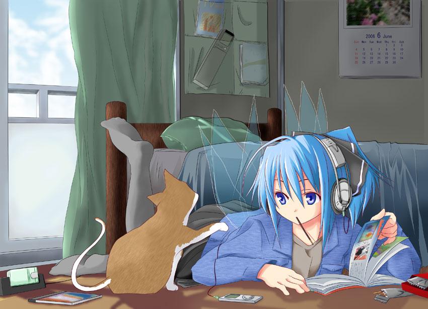 1girl alternate_costume blue_eyes blue_hair book casual cat cirno contemporary curtains digital_media_player food headphones ipod jpeg_artifacts lying magazine mouth_hold on_stomach open_book pantyhose pocky ponytail ribbon seroshia skirt socks solo touhou window