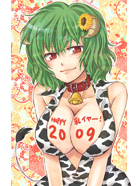 animal_costume bell bell_collar body_writing breast_squeeze breasts cleavage collar cow_costume cow_print cow_tail flower green_hair hair_flower hair_ornament horns kazami_yuuka large_breasts mokku new_year red_eyes short_hair slit_pupils smile smirk tail touhou