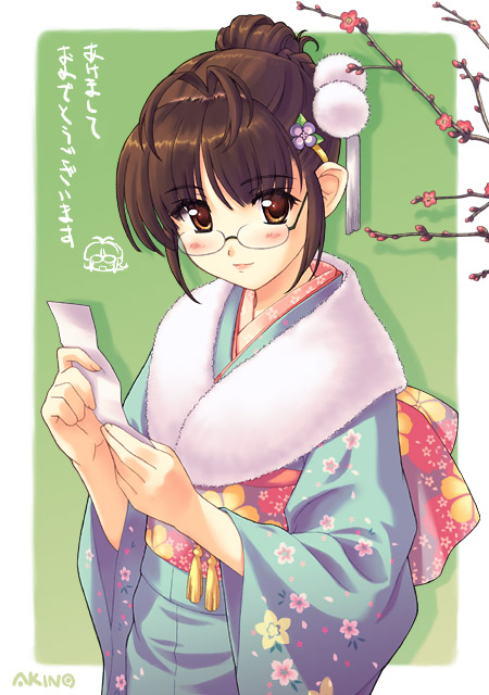 akino_takehito akizuki_ritsuko cherry_blossoms idolmaster japanese_clothes kimono new_year solo