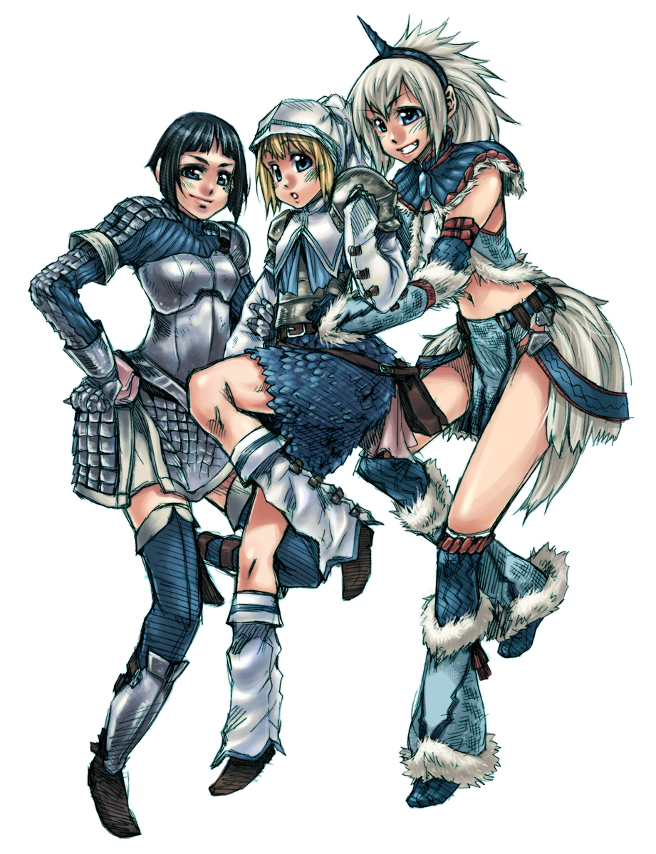 3girls armor blush highres horn horns kirin kirin_(armor) monster_hunter multiple_girls smile takanashi_ringo thigh-highs thighhighs