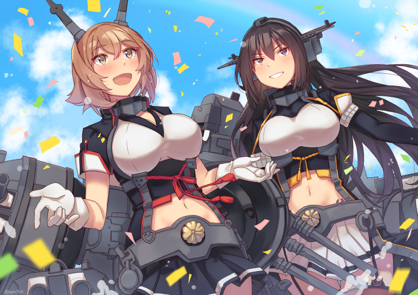 2girls bangs black_gloves black_hair blush breasts brown_eyes brown_hair cleavage clouds collar commentary_request confetti elbow_gloves eyebrows_visible_through_hair gloves hair_between_eyes hairband headgear kantai_collection large_breasts long_hair metal_belt metal_collar midriff miniskirt multiple_girls mutsu_(kantai_collection) nagato_(kantai_collection) open_mouth outdoors pleated_skirt radio_antenna remodel_(kantai_collection) rigging short_hair skirt sky smile standing thigh-highs tonari_no_kai_keruberosu turret weapon white_gloves