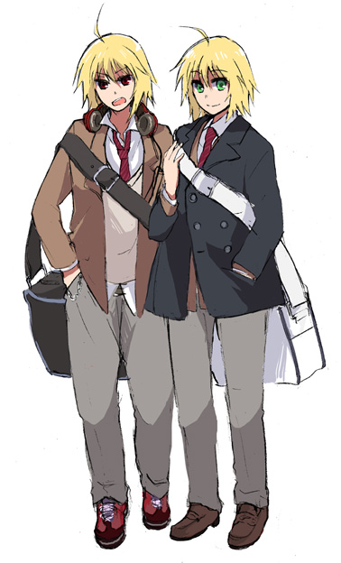 ahoge bag blonde_hair dual_persona emil_castagnier glasses green_eyes headphones headphones_around_neck male multiple_boys open_mouth ponytail red_eyes scarf school_bag school_uniform short_hair smile tales_of_(series) tales_of_symphonia tales_of_symphonia_knight_of_ratatosk