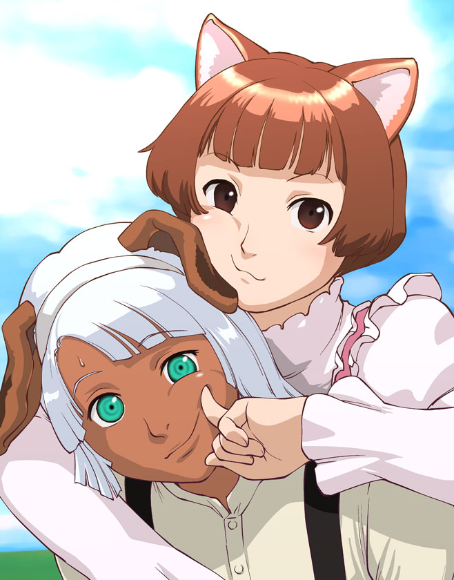 brown_eyes brown_hair cat cat_ears dark_skin dog green_eyes gundam headband loran_cehack poke poking red_hair short_hair silver_hair sky sochie_heim turn_a_gundam ueyama_michirou