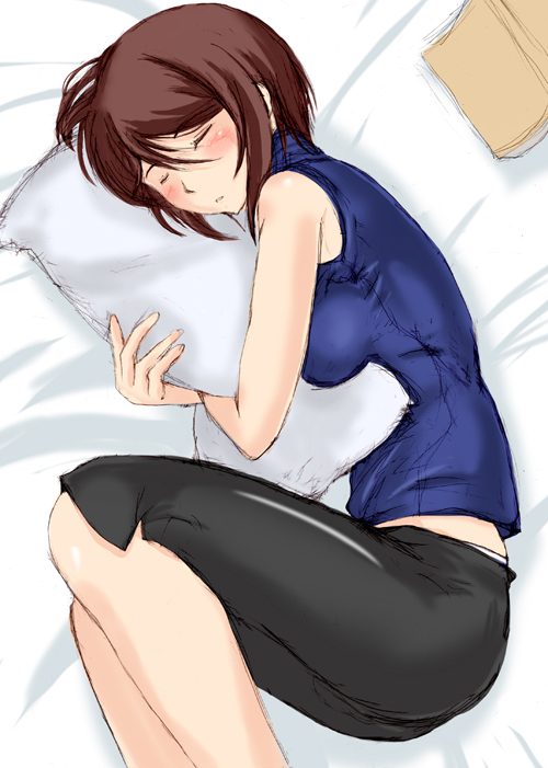 bare_shoulders bed blush brown_hair casual pillow pillow_hug rozen_maiden short_hair sleeping sleeveless sleeveless_turtleneck souseiseki turtleneck