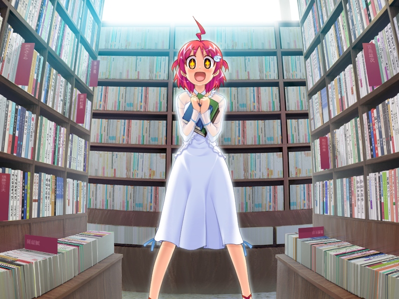 ahoge book book_focus bookshelf brown_eyes dress game_cg library midou_haori pink_hair short_hair starry_eyes sweet! too_many_books yamai