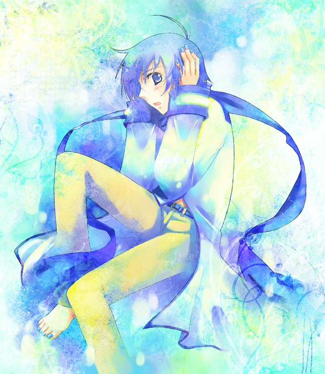 bad_id barefoot blue_hair kabuteriko kaito male scarf sokomushi solo vocaloid