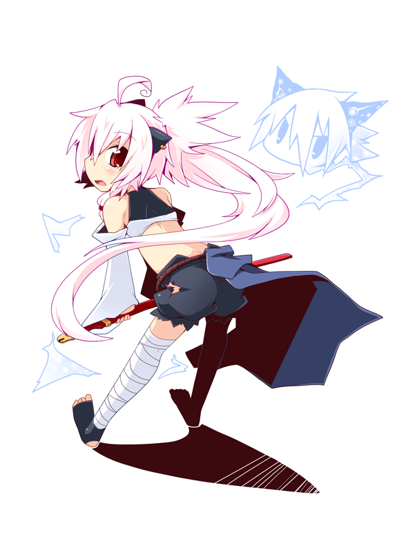 1girl bandages detached_sleeves long_hair original red_eyes reku shiroko_(reku) solo weapon white_hair